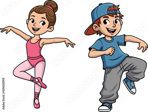Happy young girl ballet dancer and boy hip hop dancer dancing, kids active movement, children performing arts, creative dance fun