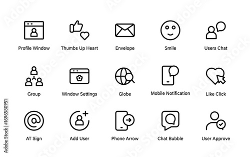 Social influencer professional modern line icon collection of minimal vector outline illustrations of followers, subscribers, content, and trending online media
