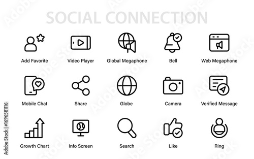 Social Connection modern professional line icon set with creative outline vector pack showcasing online networking, communication, and digital interaction symbols