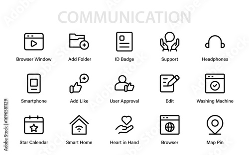 Online Cummunication professional line icon collection of modern vector illustrations showing social engagement, interactive media, and creative communication tools