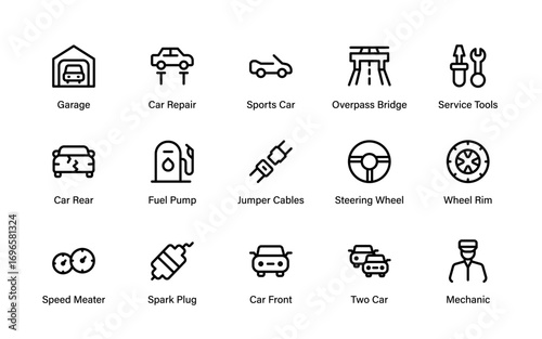 Modern Vehicle Repair Line Icon Set. Professional Car Service, Garage Tools, Automotive Equipment, and Engine Maintenance Vector Illustration Collection