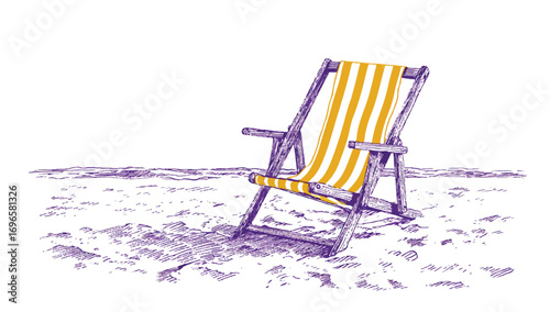 Vintage Style Beach Scene with Empty Striped Deck Chair on Sandy Shoreline Vacation Illustration