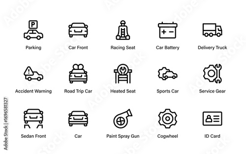 Automotive Repair Professional Line Icon Pack. Modern Car Service, Vehicle Tools, Engine Maintenance, and Garage Vector Illustration Collection