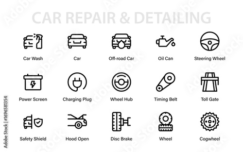 Automotive Garage Line Icon Pack. Modern Car Service, Vehicle Repair Tools, Engine Maintenance, and Professional Vector Illustration Collection