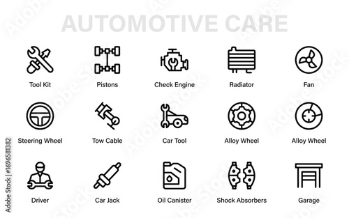 Professional Car Maintenance Line Icon Collection. Modern Automotive Repair, Garage Tools, Vehicle Equipment, and Engine Vector Graphic Pack