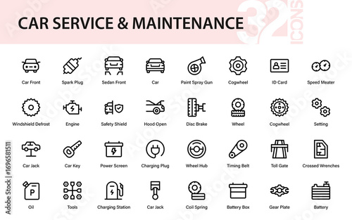 Car Service Professional Line Icon Collection. Modern Automotive Repair, Vehicle Tools, Garage Maintenance, and Engine Vector Design Pack