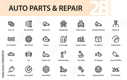 Auto Parts and Repair Line Icon Pack. Professional Vehicle Maintenance, Engine Tools, Garage Equipment, and Automotive Vector Illustration Collection