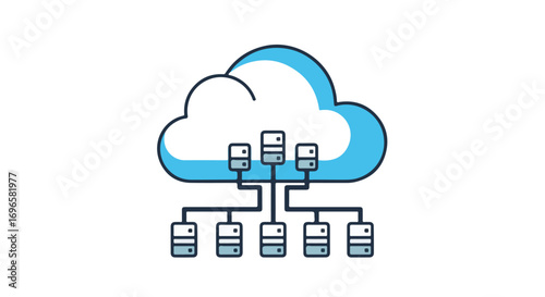 Data transfer visualization: A cloud network connecting multiple storage database locations with modern style, emphasizing connectivity
