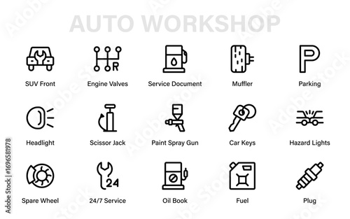 Modern Car Repair Service Line Icon Set. Professional Vehicle Tools, Garage Maintenance, Mechanic Fix, and Minimal Auto Vector Collection