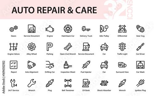 Auto Repair and Car Service Line Icon Pack. Modern Auto Fix, Garage Equipment, Vehicle Care, and Minimal Mechanical Vector Collection
