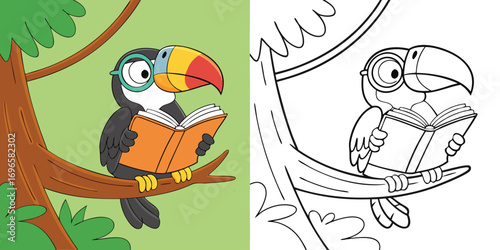 Cute, colorful parrot with a yellow beak perched on a green tree branch in a vibrant jungle setting