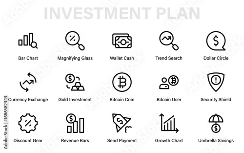Finance and Assets Professional Line Icon Set. Modern minimal outline vector collection for money, investment, capital, savings, and profit