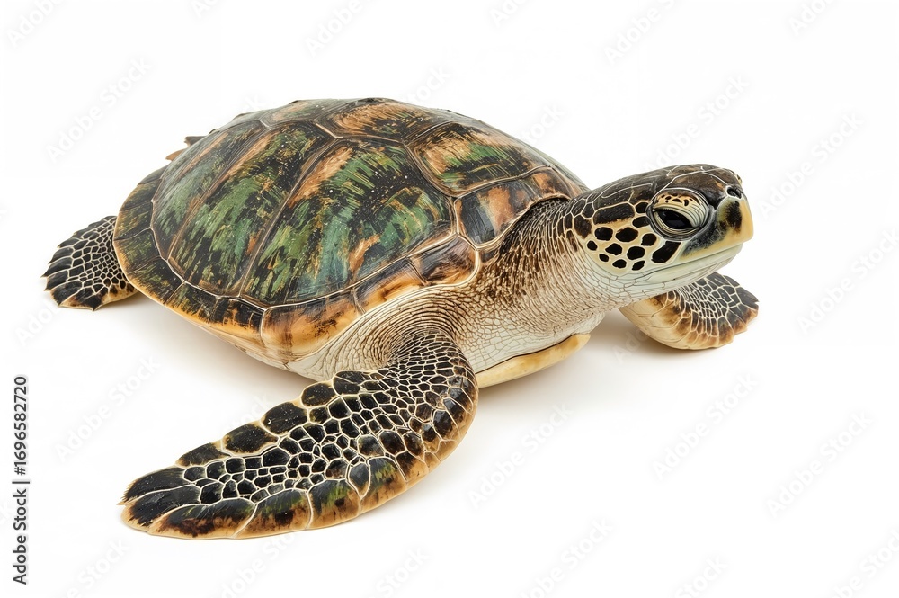 Fototapeta premium Isolated Green Sea Turtle on a White Backdrop