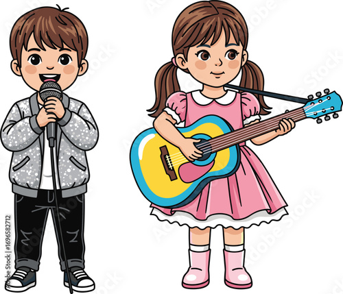 Cute young boy singing into microphone and girl playing colorful guitar, kids performing music, children talent show, musical fun activity