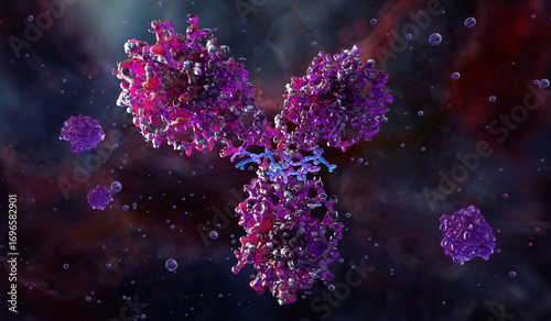 IgG antibody protein structure, Y-shaped immunoglobulin molecule interacting with antigens. Immunology, biotechnology, medical research, immune response, pharmaceutical innovation. 3D scientific image