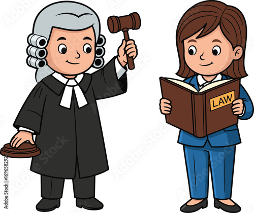 Cartoon judge and lawyer characters, children dressed as legal professionals, holding gavel and law book, justice concept, courtroom, legal education.