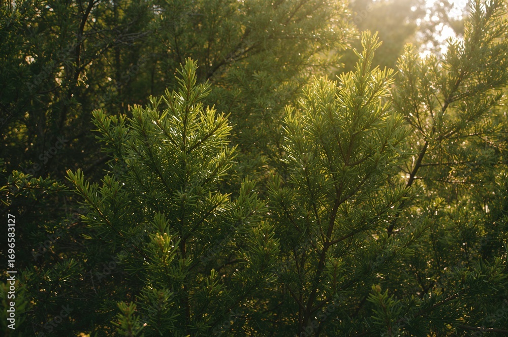 Obraz premium Sunlit Young Cypress Branches Creating a Lush Green Backdrop