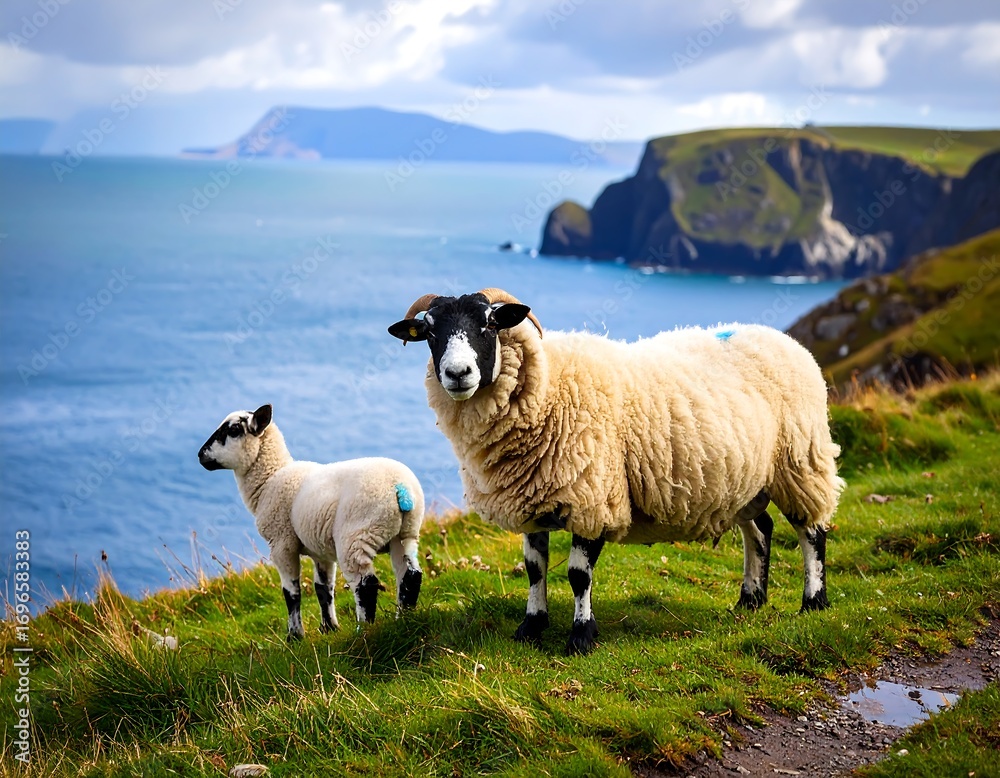 Naklejka premium Sheep on a cliff overlooking the sea