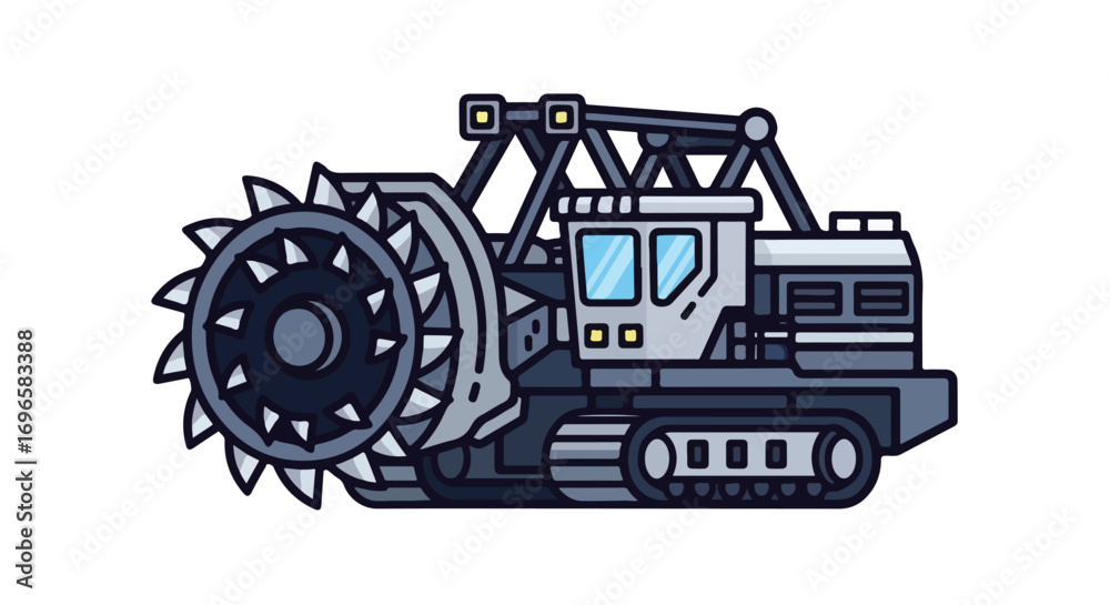 Naklejka premium Stylized cartoon illustration of a heavy-duty trenching machine with a large cutting wheel industrial machinery