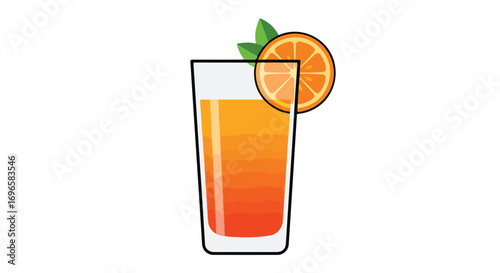 Vibrant orange juice graphic with fresh slice and leaves offering a refreshing visual appeal for summer drinks ad campaign