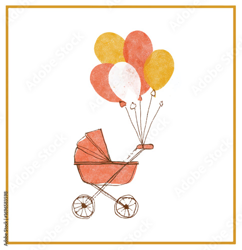 Watercolor baby stroller with balloons illustration for new baby greeting cards and announcements party decoration