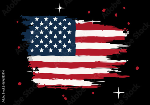 Vector design with decorative drawing of 
torn national flag of usa is fluttering in wind. 
Fashion t-shirt print. American pattern of stars 
and wavy stripes for textiles, fabric, clothing.