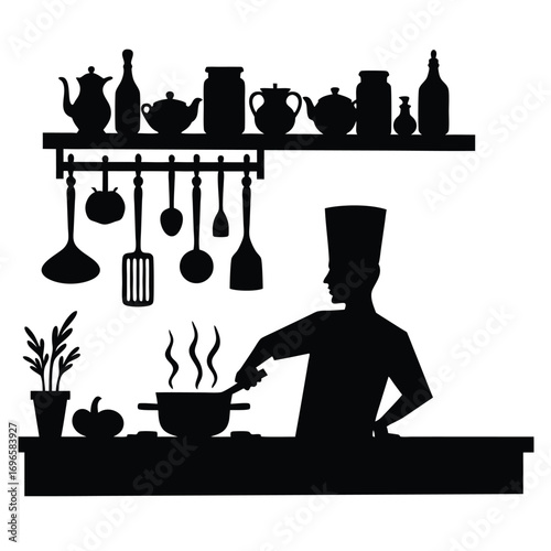 Chef cooking with steam rising from pot and pumpkin