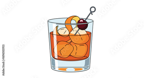 Refreshing old fashioned cocktail illustration with ice cubes cherry and orange twist showcases a simple glass design on white backdrop
