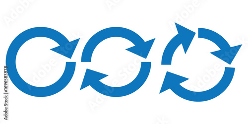 Blue circle arrows icon set. Round reload sign, repeat icon, rotate arrow symbol, arrow pictogram, refresh reload rotation loop sign set