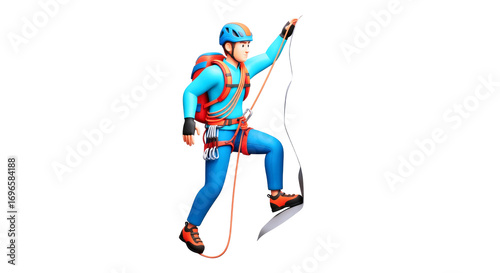 3d cartoon climber conquering heights, extreme sports, dynamic ascent, adrenaline rush, blue outfit, isolated on transparent background