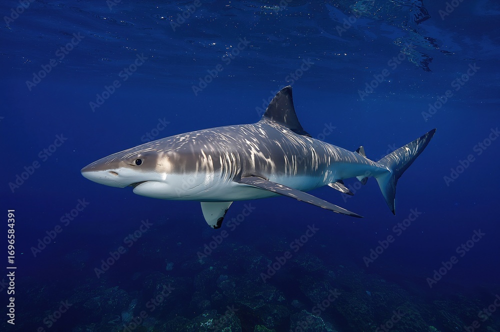 Naklejka premium Deep blue ocean scene with a grey reef shark gliding through sunlit waters