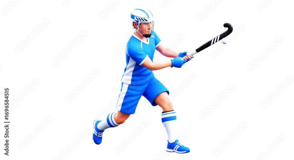 Obraz premium 3d cartoon field hockey player dynamic action pose, intense gameplay, sporty spirit, game asset, isolated on transparent background