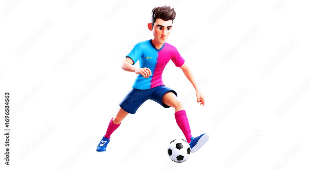 Obraz premium 3d cartoon soccer player dynamic dribbling, focused energy, and playful action, isolated on transparent background