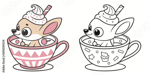 Cartoon vector illustration of the Easter bunny with eggs and a cup of tea