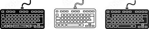 Three wired computer keyboards displayed in black and white outlines and solid fill