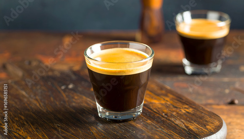 Rich espresso in a glass, served on dark wood.  A second espresso shot is blurred in the background.