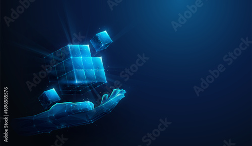 Low-Poly Hand Holding a Cube Formed from Smaller Cubes. Abstract Illustration Depicting Blockchain Technology and Cryptocurrency Fintech Concept with Wireframe Mesh on Blue Background with Copy Space.