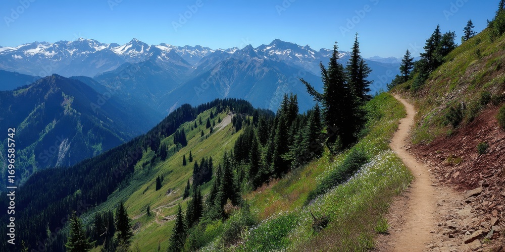 Obraz premium Mountain Climbing Concept. Scenic mountain landscape with a winding trail through greenery.