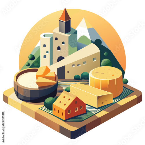 Hard porous cheese big head and sliced piece vector illustration