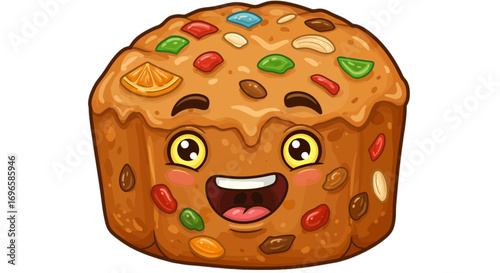 Cartoon fruitcake character dessert food illustration sweet treat baked goods confectionery happy face pastry on transparent background