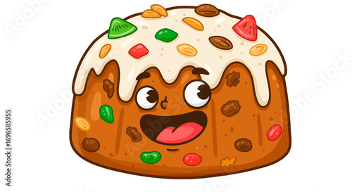Cartoon fruitcake with frosting and candied fruit festive dessert holiday treat sweet baked good character on transparent background