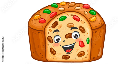 Cartoon fruitcake dessert bakery sweet food cake holiday baked goods yummy pastry happy face character on transparent background