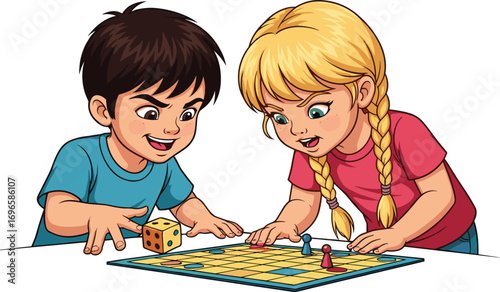 Children playing board game together, boy and girl having fun, kids enjoying game night, teamwork and strategy, playful learning, childhood entertainment, happy kids bonding,