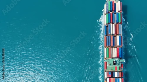 Aerial top-down view of a large container ship loaded with colorful cargo containers sailing through the calm blue ocean.