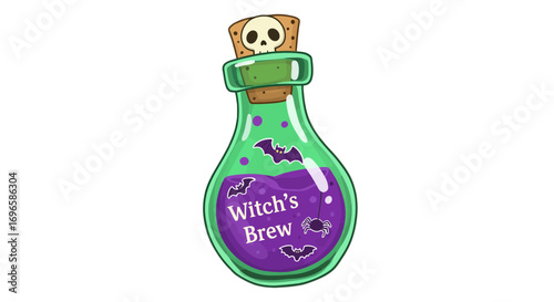 Halloween potion bottle illustration, witch brew, spooky elixir, magic drink, skull cork, vector art on transparent background