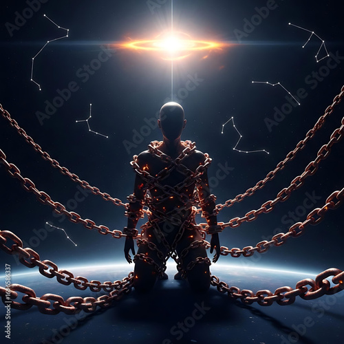Silhouette of Kneeling Human stone Figure bound in chains Minimalist Vector Art