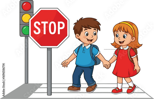 Kids crossing road safely, school children at crosswalk, stop sign and traffic light, road safety cartoon, child pedestrian education