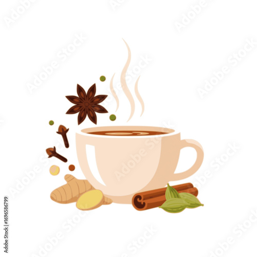 Aromatic cup of hot masala chai tea with a blend of traditional Indian spices like ginger, cinnamon, and star anise