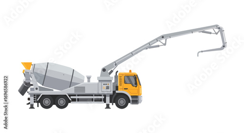 Detailed illustrative depiction of a concrete pumping truck on a clean backdrop conveying industrial utility and construction infrastructure in