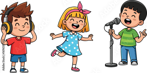 Happy children singing, dancing, listening to music, kids enjoying performance, musical activity for kids, cartoon style, isolated on white